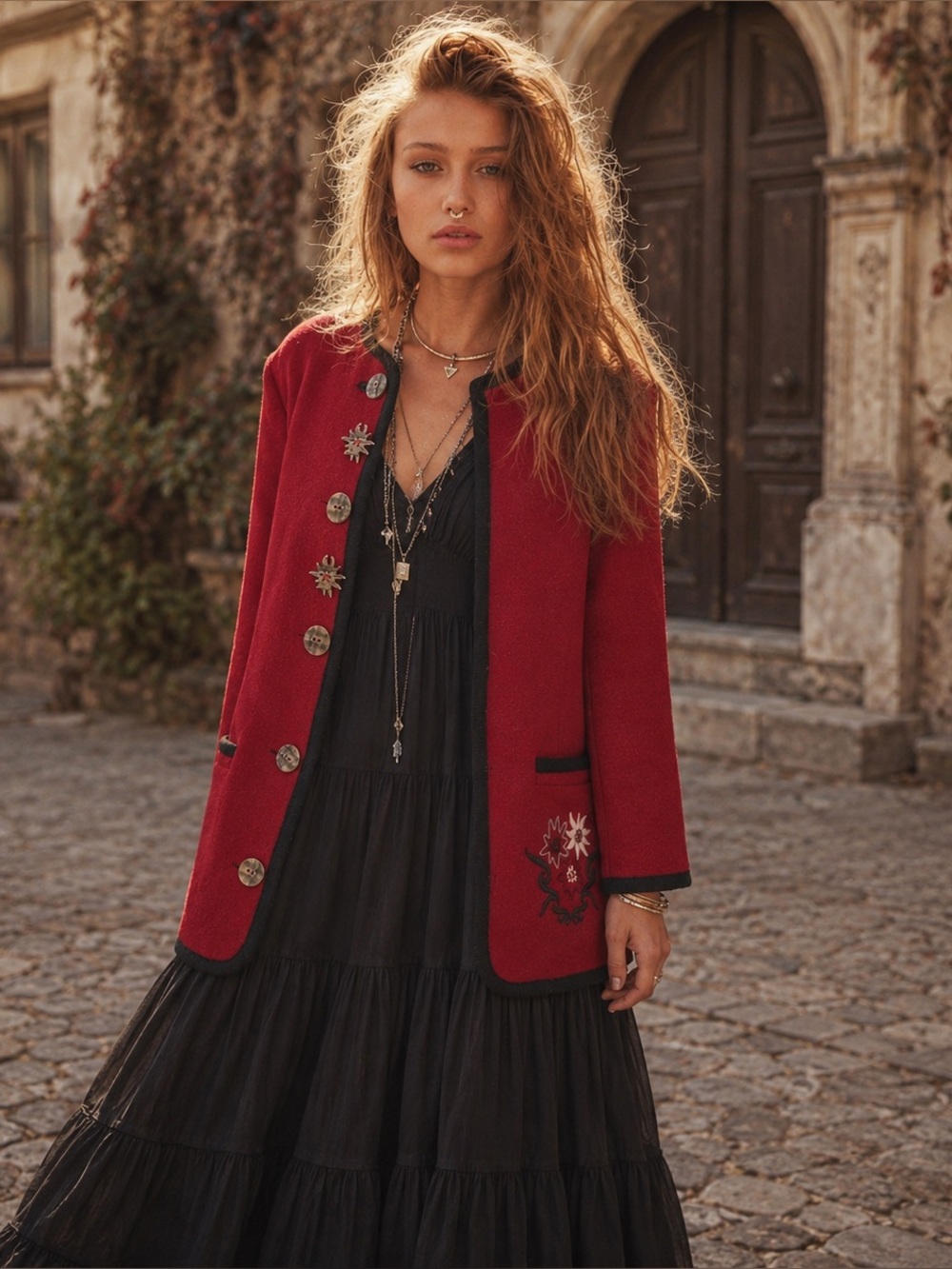 VTG Berwin & Wolff Women's Red Bavarian Boho Embroidered Trachten Coat, Sz 40/M